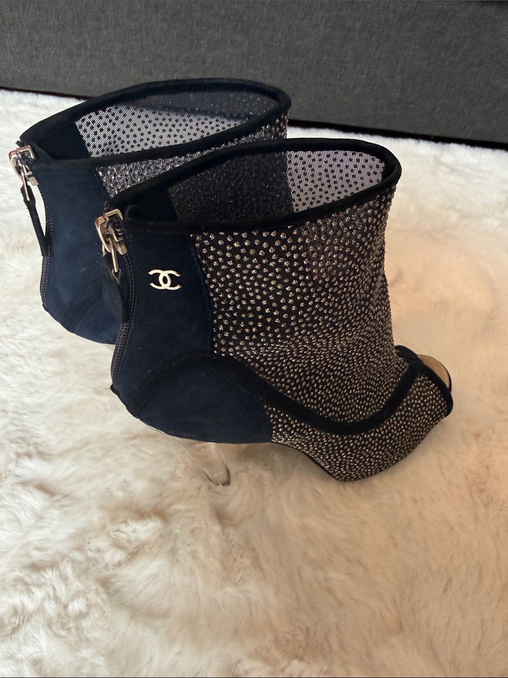CHANEL Black Crystal Mesh Peep-Toe Booties with Gold Logo